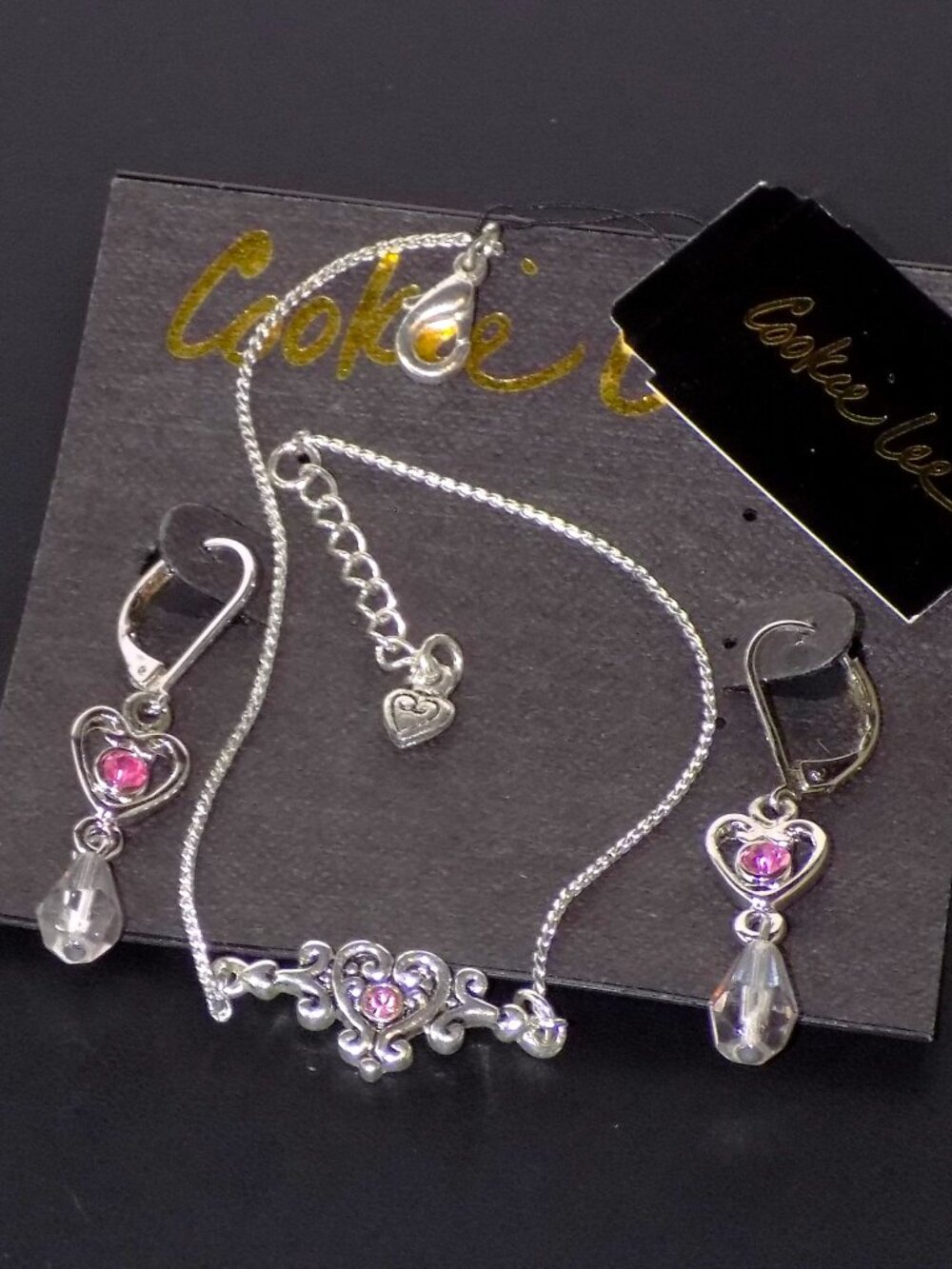 Lot New Cookie Lee Anklet & Bead Drop Earrings Bundle.  Hearts & Pink Crystals